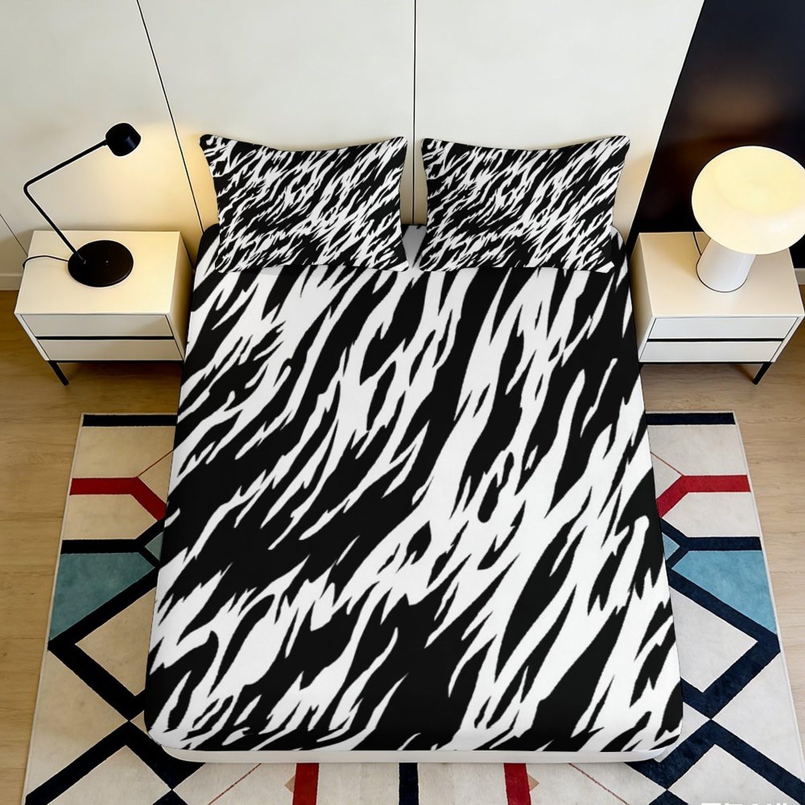 3D Printed Black White Abstract Fitted Sheet Microfiber Soft Modern Zebra Mattress Cover Anti-Slip Machine Washable for Bedroom Guest Room 90x200x25cm