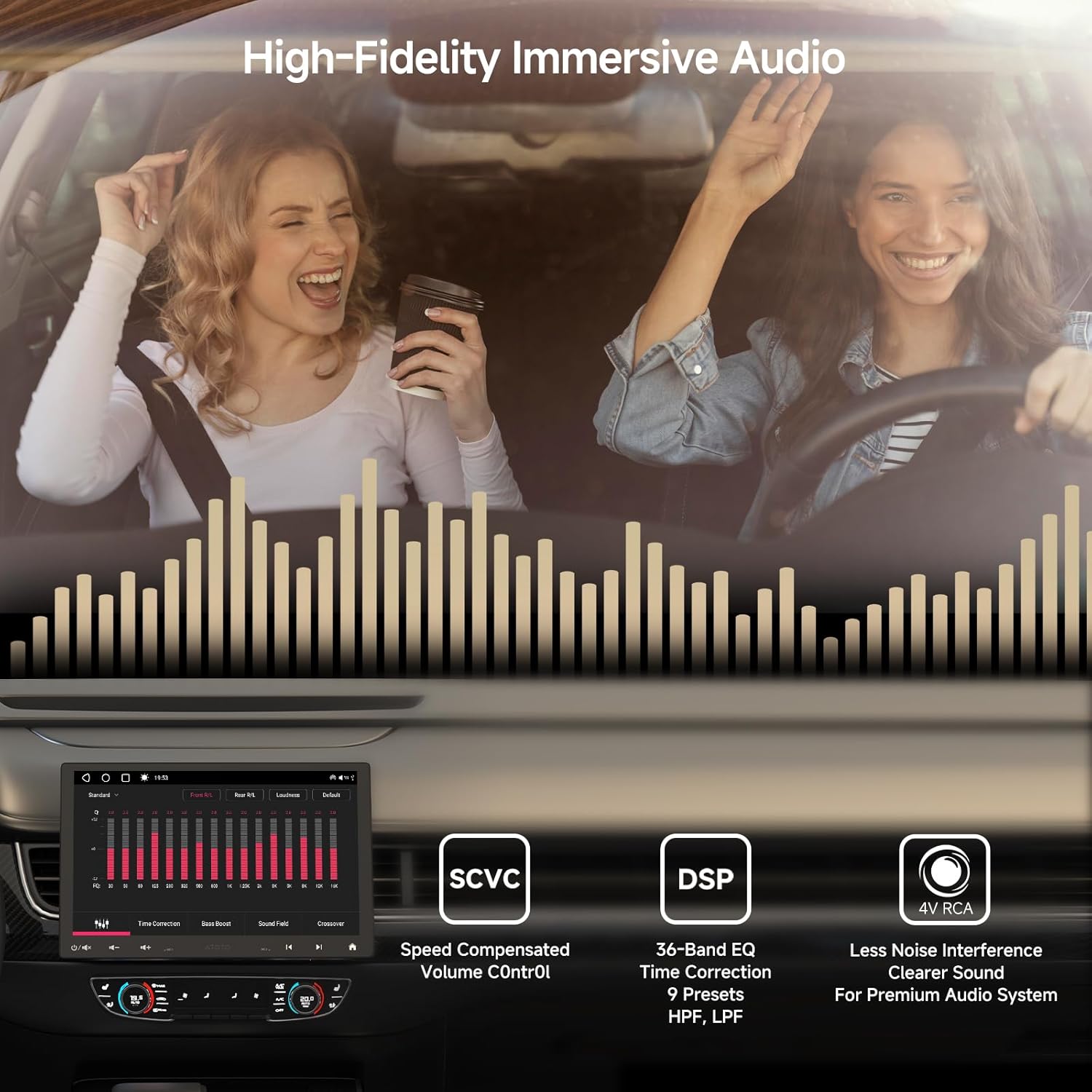 Graphic depicting audio features of the ATOTOZONE S8 car stereo, including Speed Compensated Volume Control (SCVC), DSP, and 36-band EQ.