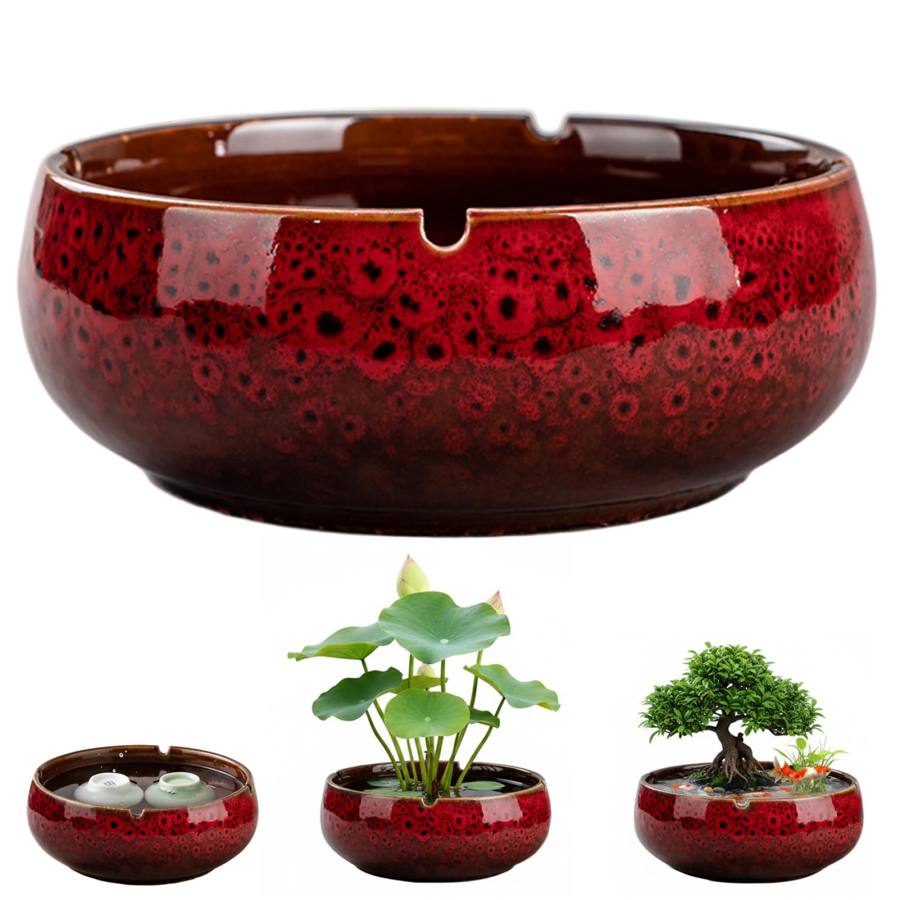 SMELEYOU Decorative Bowl Ceramic Planter Lotus Bowl for Succulents and Small Plants Water Plant Pot with Non Slip Base Indoor Outdoor Red