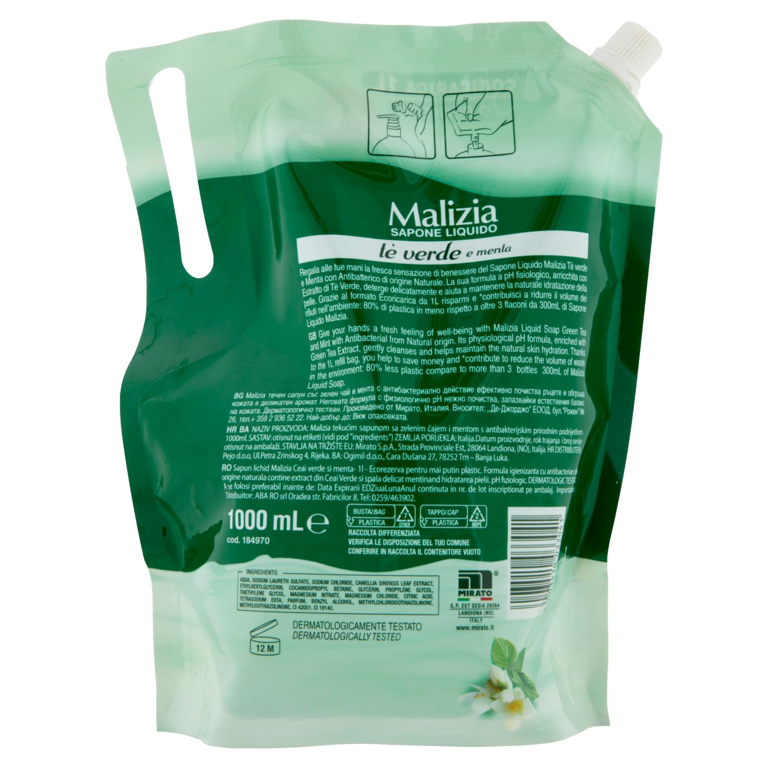 10 saponi Malizia Sapone Liquido – Sapone liquido con tè verde e menta – Ideale per mani e viso – Busta ricarica ecologica 1000 ml + portachiavi Beni Culinari