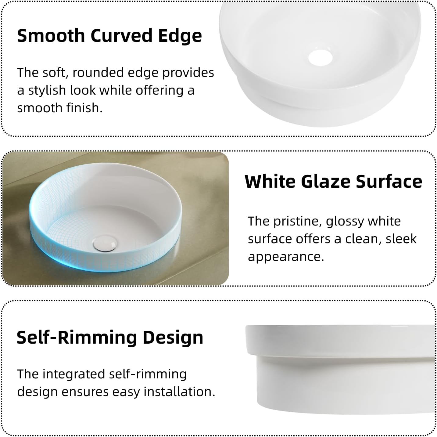 14 Inch Round Vessel Sink, Los Flexi Ceramic Semi Recessed Bathroom Sink Without Overflow Hole, Space-Saving Drop In Vessel Sinks for Bathrooms, Modern Circular Vanity Basin