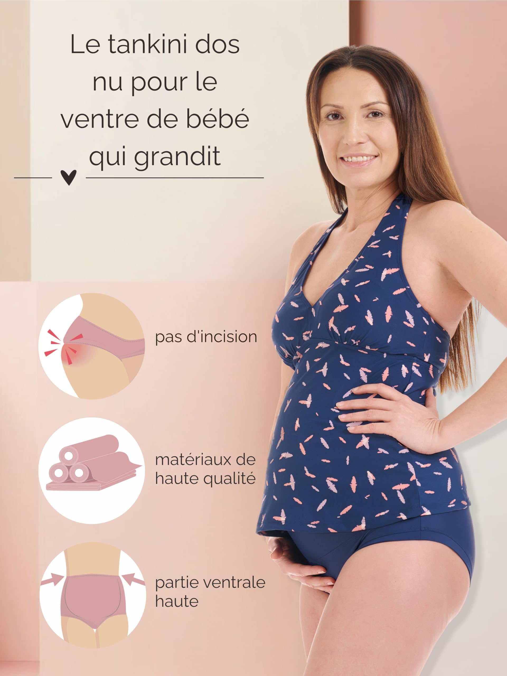 Herzmutter Maillot de Bain de Maternité - Tankini de Grossesse - Dos Nu - Licou - Tankini de Maternité - Maillot de Bain pour Femmes Enceinte - 2 Piècess - Protection UV - 7100 (S, Bleu-Plume)