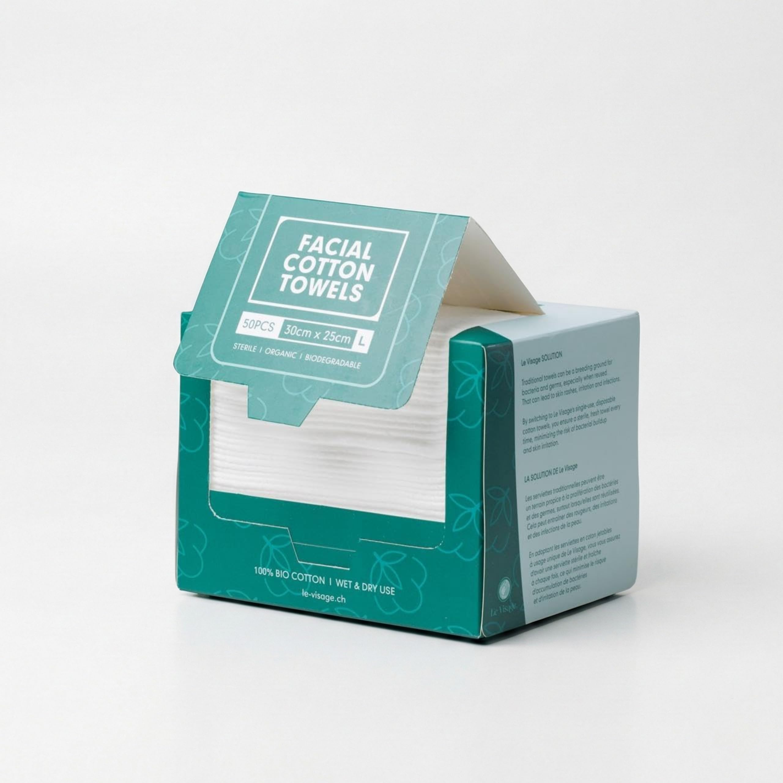 Le Visage 100% Cotton Facial Towels, Oeko-TEX Certified, 50 Pieces, Sterile and Biodegradable, Anti-Acne, Disposable Make-Up Remover Wipes, Ultra Soft