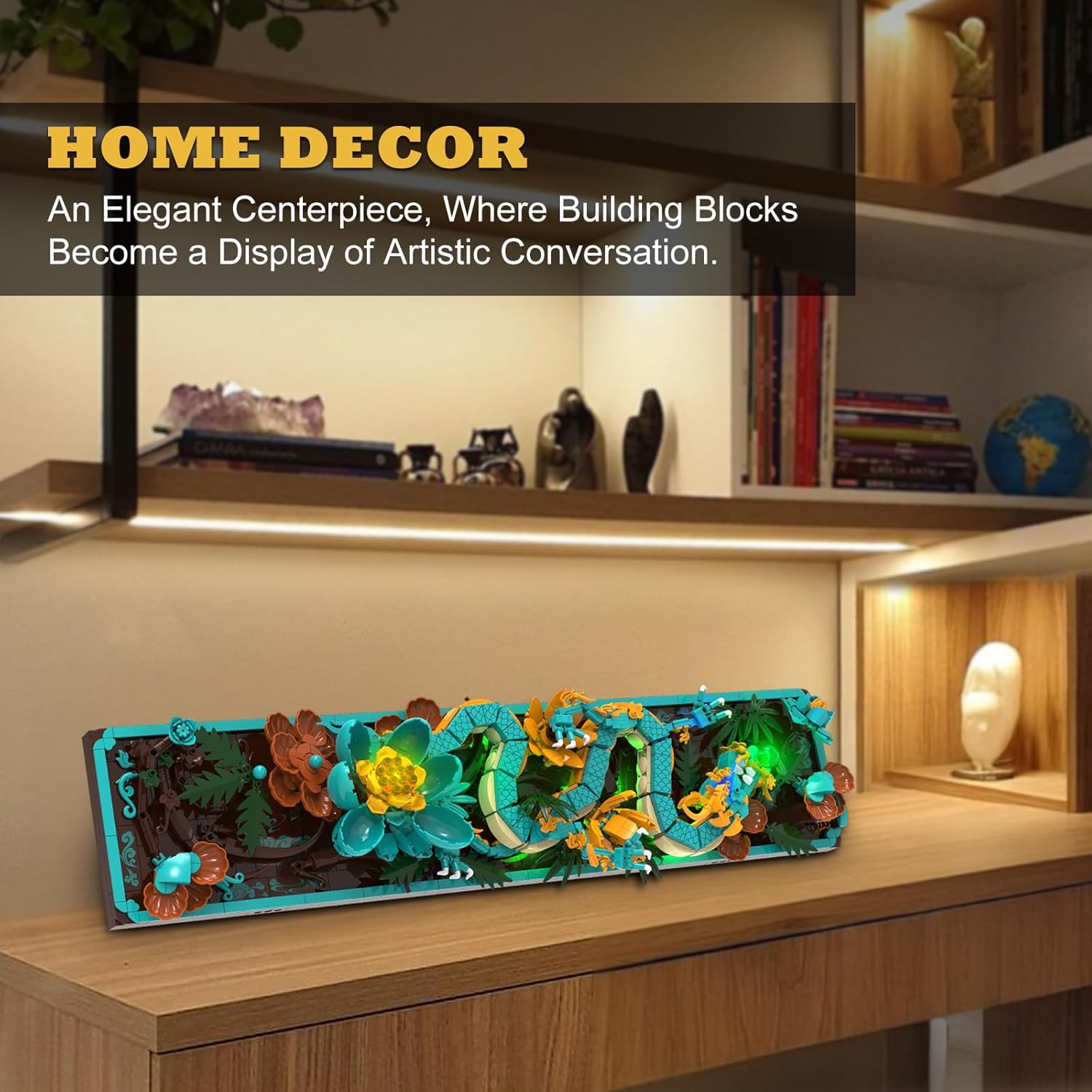 Mythic Dragon Tiles Building Blocks Set with LED Lights, Divine Loong 3D Wall Art Building Toys 170019 with Flowers, 1676 Pcs Dragon Relief DIY Model Kit for Adult, Creative Gifts & Decor