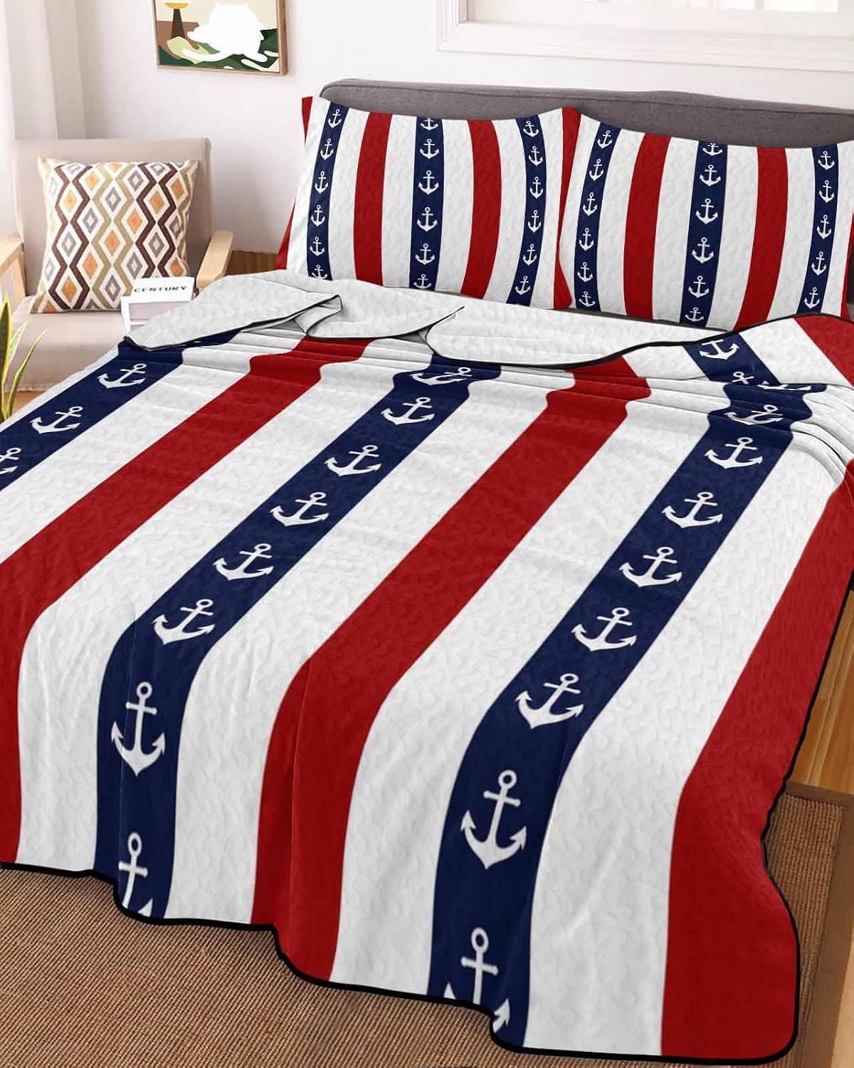 Full Size Quilt Set, Retro Navigation Anchor Lightweight Bedspread Coverlet Set Soft Microfiber Summer Quilt with 2 Pillow Shams, Red White Stripe 3 Piece Comforter Bedding Set
