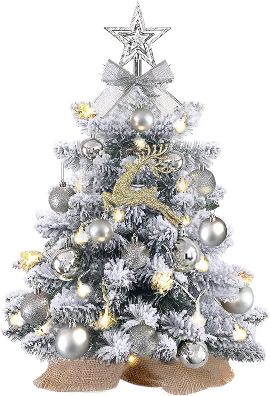 Mini Christmas Tree with Lights,24In/2ft Snow Flocked Pre-lit Tabletop Christmas Tree with 19 Decorations,Artificial Small Christmas Tree -for Table Desk Home Christmas DIY Decor