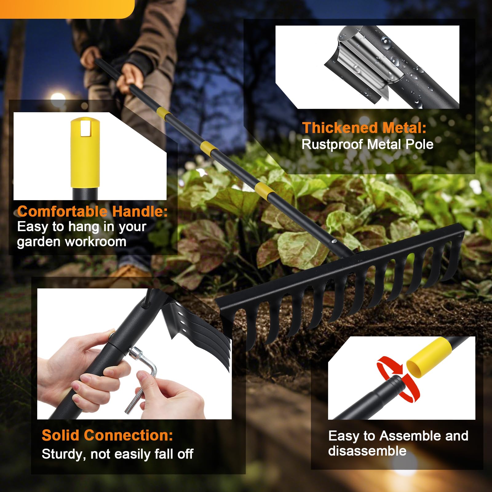 Rake, 186 cm Bow Rake with 12 Tines, Long Handle Heavy Duty Garden Rake ...
