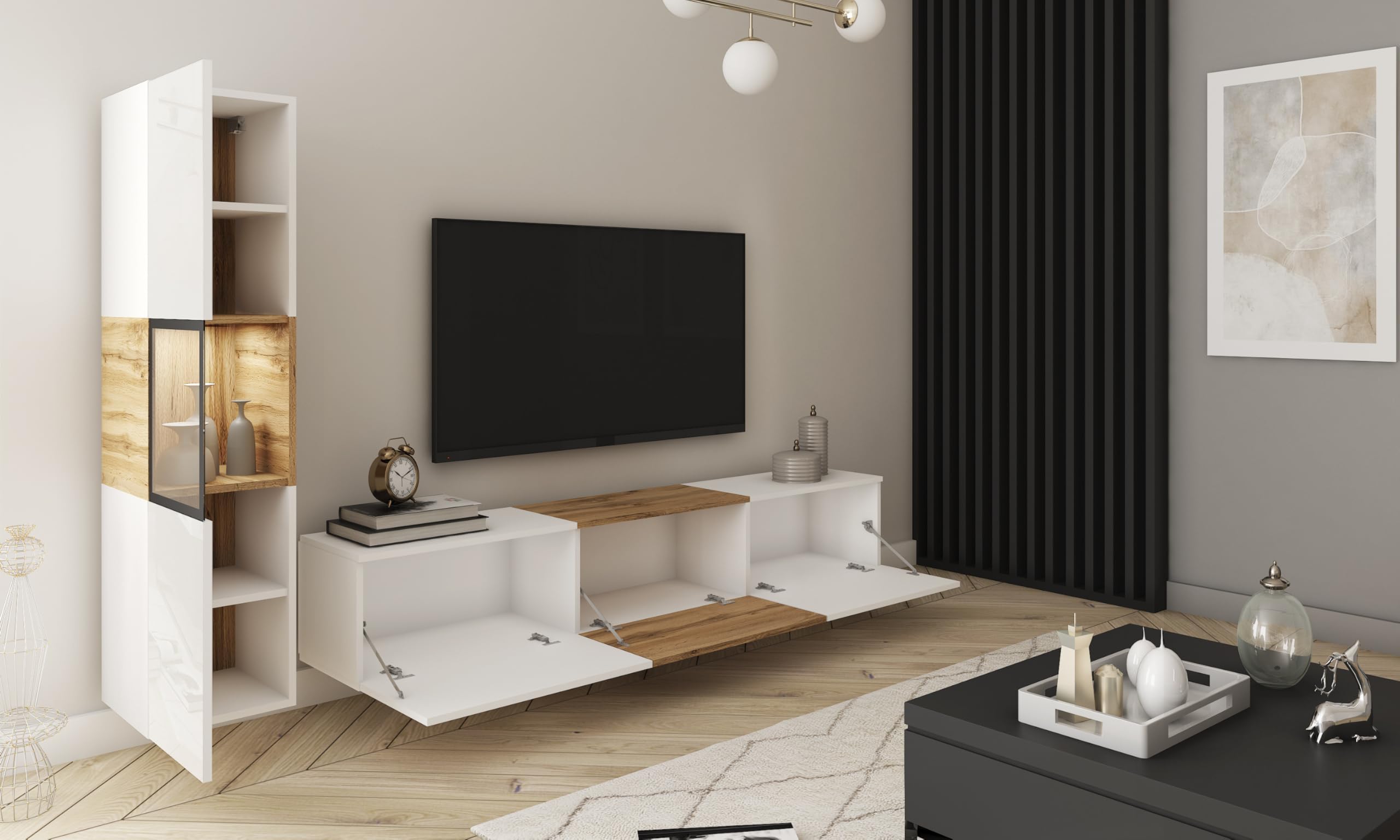 Conjunto de Muebles de salón Berlin I, Juego de Muebles de salón, Mueble TV 180 cm, iluminación LED Opcional, Diferentes Acabados, Muebles de salón Modernos (Blanco/Wotan LED)