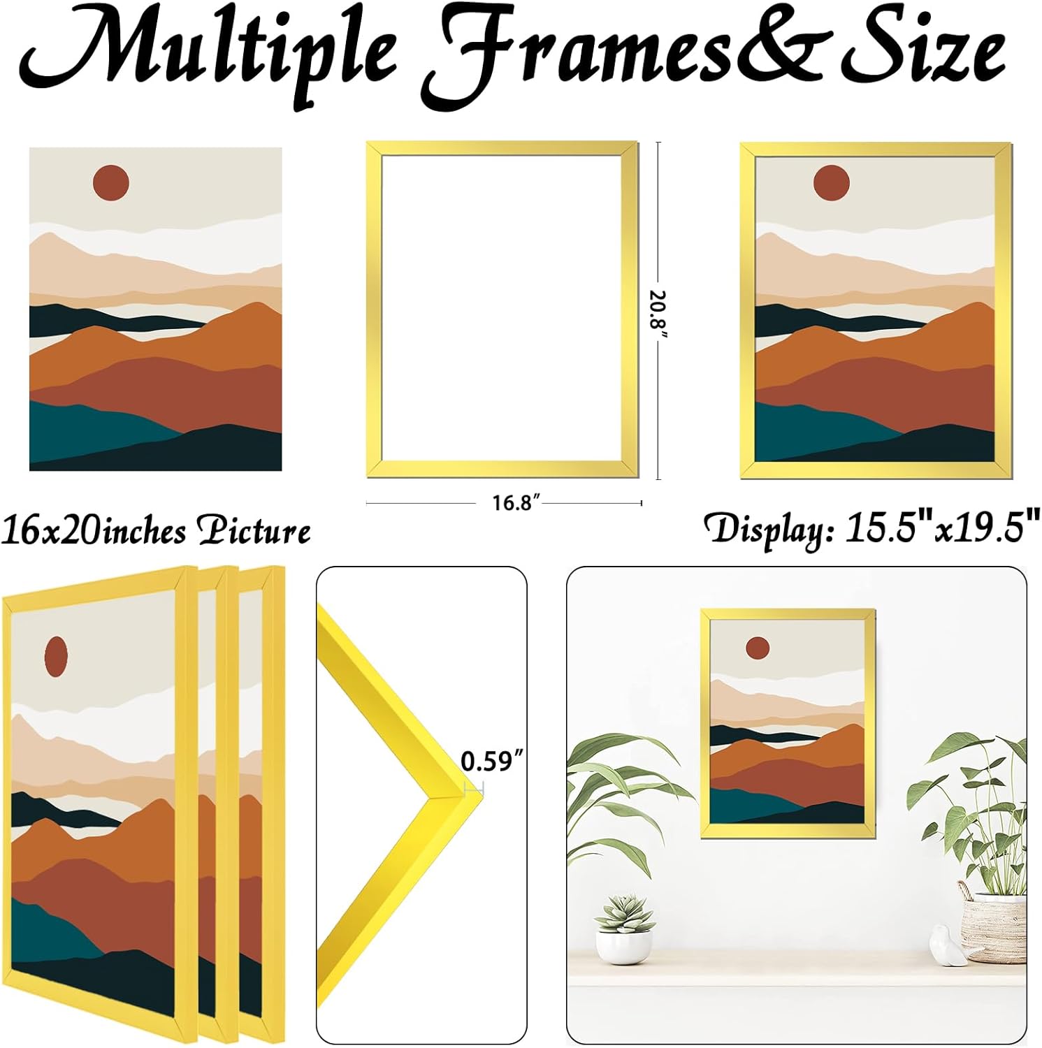Gold 16x20 Picture Frame Set of 3, High Transparent Frame for 16 By 20 Photo Collage Canvas Poster Size Wall Mount and Tabletop Horizontally Vertically (Gold, 16 x 20 inches) - Image 3
