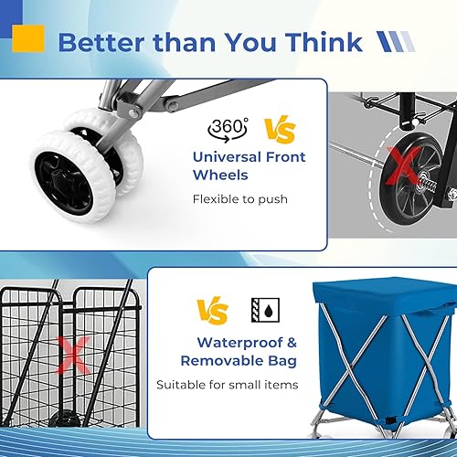 Miniatura 5 de COSTWAY Carrito de compras plegable, carrito de comestibles portátil con ruedas con forro de tela Oxford extraíble impermeable, transporte hasta 120