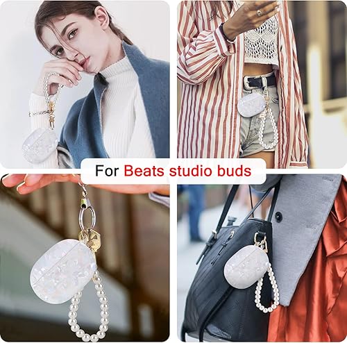 Miniatura 6 de Diseño de carcasa de mármol con purpurina para Beats Studio Buds con cadena de muñeca de perla, llavero con cubierta protectora de piel brillante