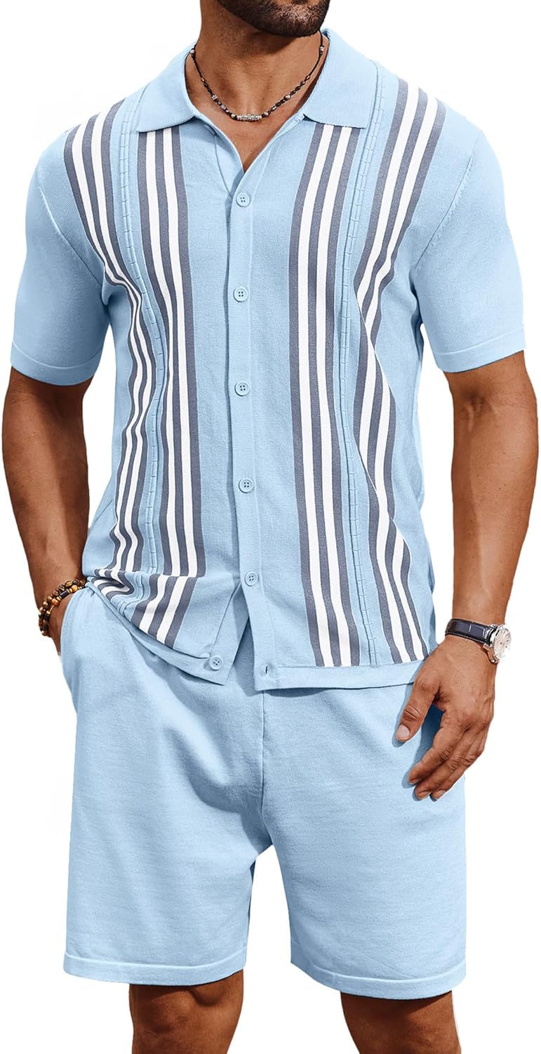 COOFANDY Men's 2 Piece Outfits Summer Short Sets Vintage Knit Button Down Shirt Short Sleeve Polo Casual Beach Suits