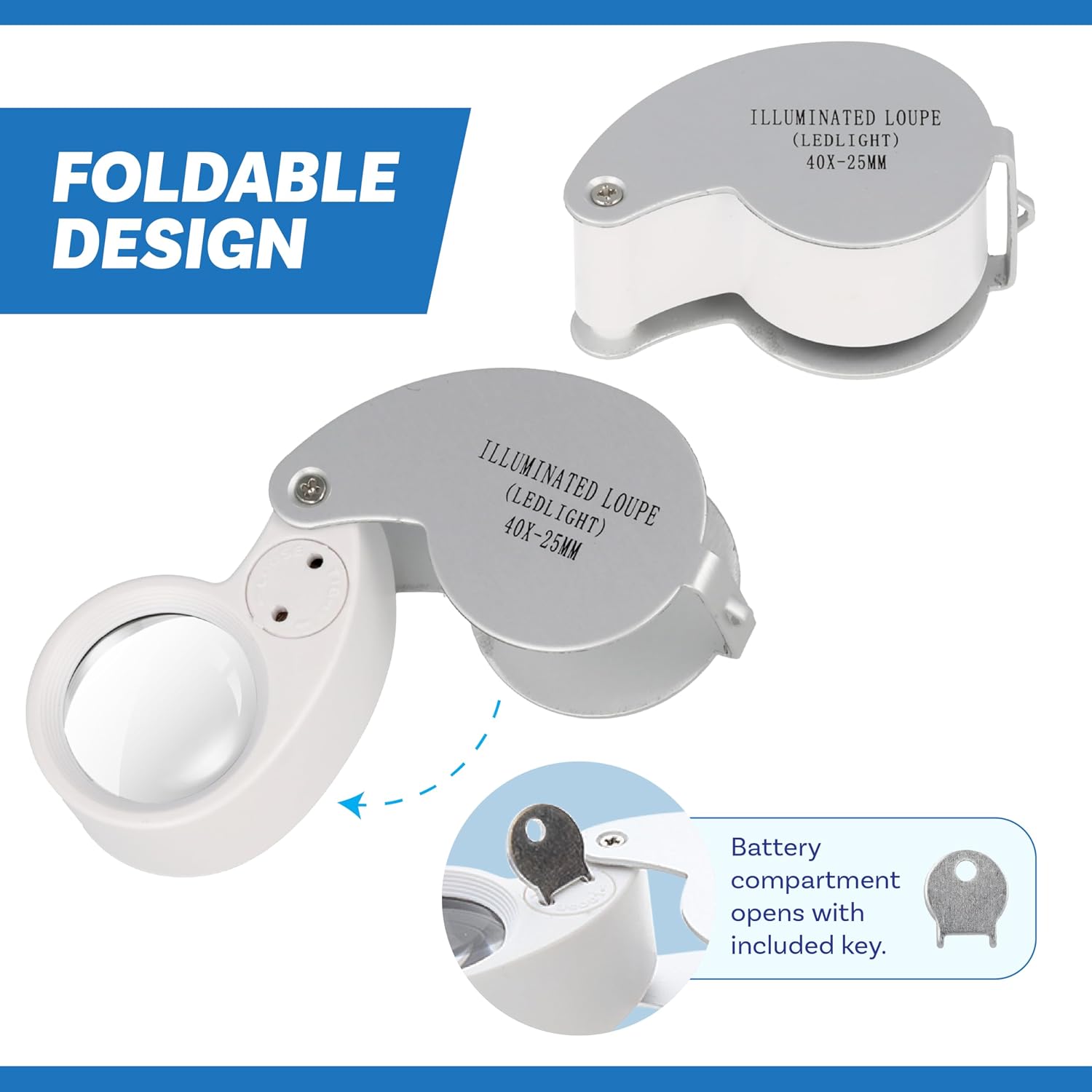 The Beadsmith LED Jeweler’s Loupe – 40x Magnifying Loupe w/ 25 mm Lens, Dual LED Lights, Foldable Portable Design, Includes Battery Key
