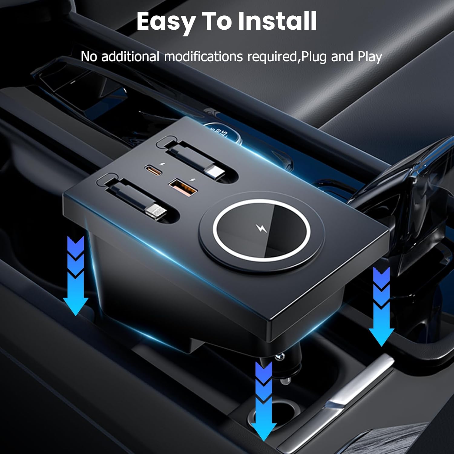 USB Hub for Volvo xc60 xc90 s90 v90 s60 v60, Fast Charging Center Console Docking Station with Dual Retractable Cables, 15W Wireless Charger Pad, 5-Port Car Charger Accessories