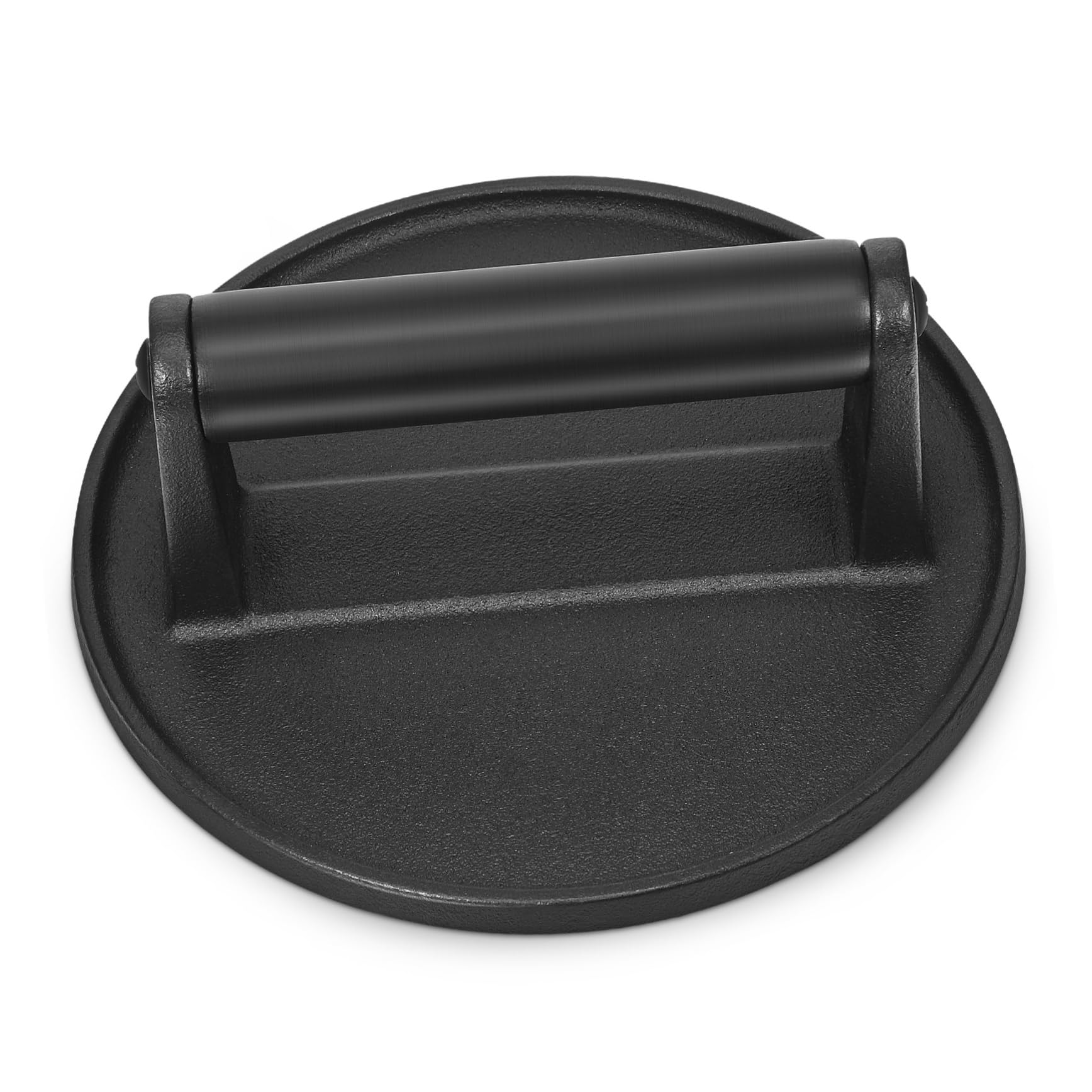 Cabilock Cast Iron Burger Press Round Meat Smasher with Handle Heavy Duty Griddle Tool for Even Pressure Distribution and Tender Cooking for Hamburgers Bacon and Steaks