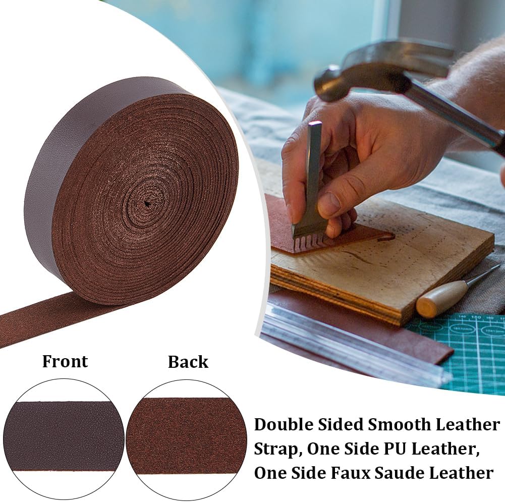 GORGECRAFT 5.5 Yards x 0.75" Wide Leather Strap for Crafting Flat Leather Cord Strings 0.06" Thick Lychee Grain Imitation Strips Threads Ropes for DIY Craft Pet Collars Belt Jewelry, Coconut Brown