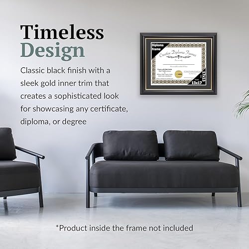 Vista 215 de Creative Picture Frames Marco para diploma Rockefeller de 9 x 12 pulgadas, color negro con borde dorado, muestra un certificado de 9 x 12 pulgadas