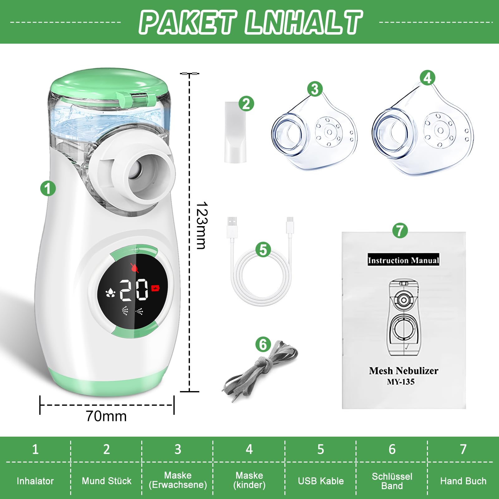 Wholede Inhalationsgerät Digitale, Inhaliergerät für Baby Kinder Erwachsene, 1200mAh Aufladbarer Vernebler Inhalator mit Countdown zur Zerstäubung, Leise Tragbarer Inhalator mit 2 Maske und Mundstück