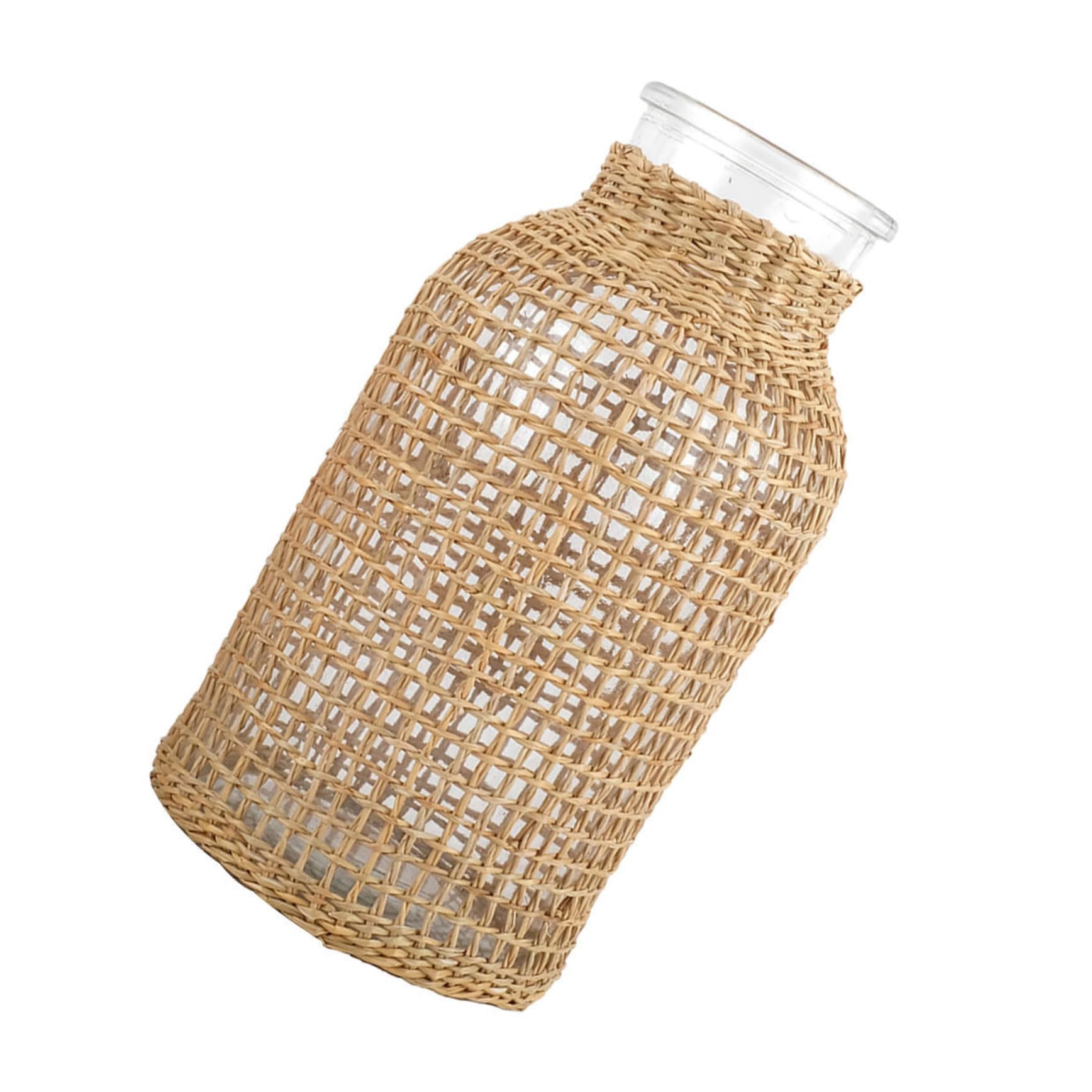 Vase à fleurs en verre kaki L avec paille de décoration pour maison et pot de plante