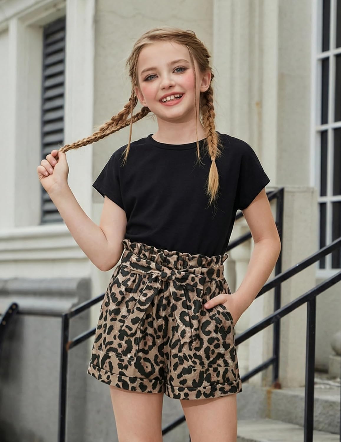 Arshiner Girls 2 Piece Outfit Summer Drop Shoulder Batwing Sleeve Tops and Paperbag Waist Shorts Set Cute Clothing Size 6-14 - Image 4