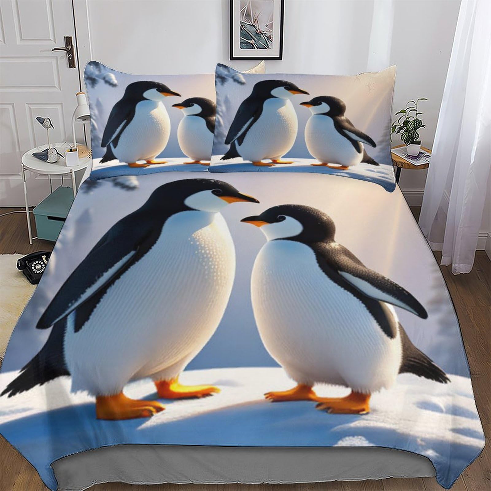 Housse de couette hypoallergénique imprimé pingouin parure de lit double enfant et adulte