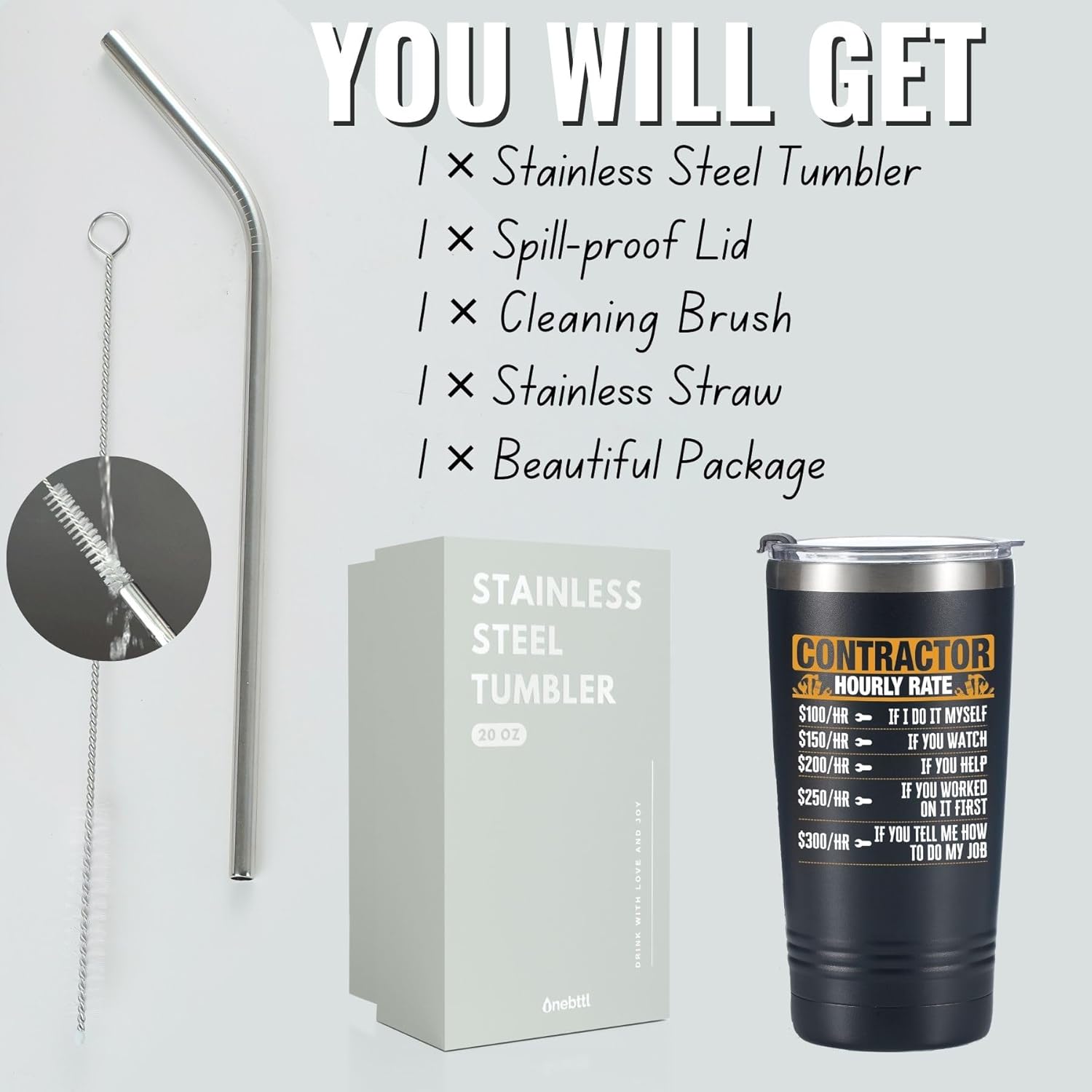 Onebttl Contractor Gifts for Men, Tumbler for Men Father, Stainless Steel Tumbler 20oz Black - Hourly Rate - Image 6