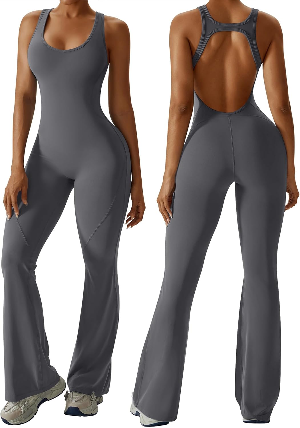 OEAK Womens Flare Jumpsuit with Bra Tummy Control Cutout Romper Workout Outfit Sleeveless Unitard One Piece Backless Bodysuit