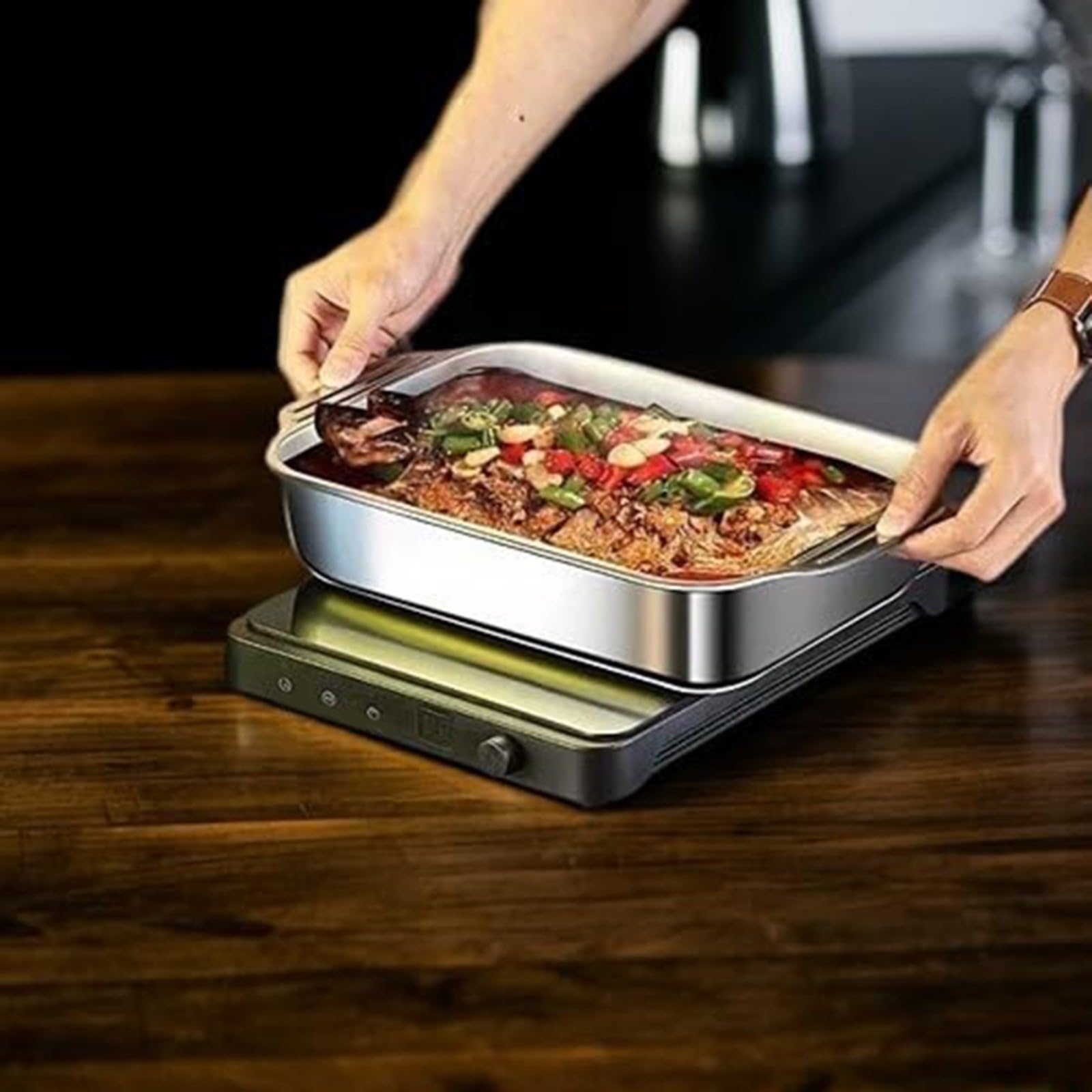 Padella per lasagne in acciaio inox di grado commerciale, profonda 7,6 cm, con manici rivettati e coperchio, perfetta per casseruole e pentole resistenti