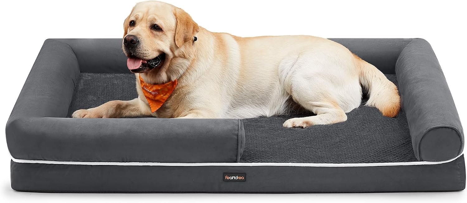 Feandrea Cuccia per Cani Ortopedica, Letto Divano per Animali, Imbottitura Morbida, Bordi Rialzati, Copertura Sfoderabile e Lavabile, 135 x 107 x 23 cm, Fondo Antiscivolo, Grigio Scuro PGW079G01