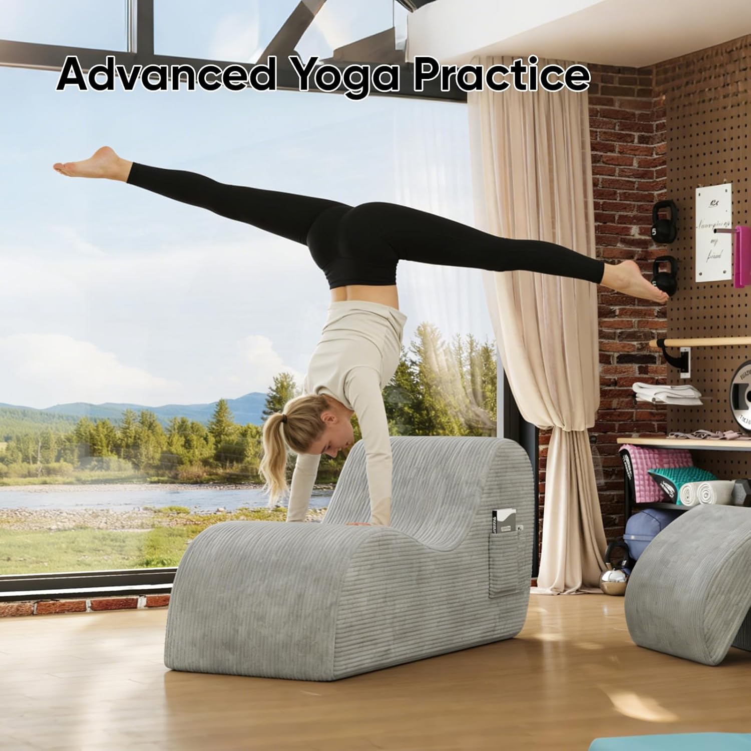 24" Wide Chaise Lounge Chair for Yoga & Exercise, Indoor Lounge Chair with Lumbar Cushion, Movable Footrest, Side Pockets, High-Density Foam Perfect for Stretching,Massage,Relaxation Grey