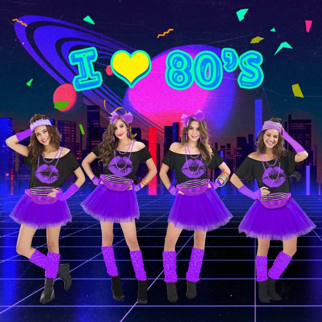WILDPARTY 80s Fancy Dress for Women Lip Print T-shirt, Tutu Skirt, Leg Warmers, Necklace, Fishnet Gloves, Earrings - Image 6