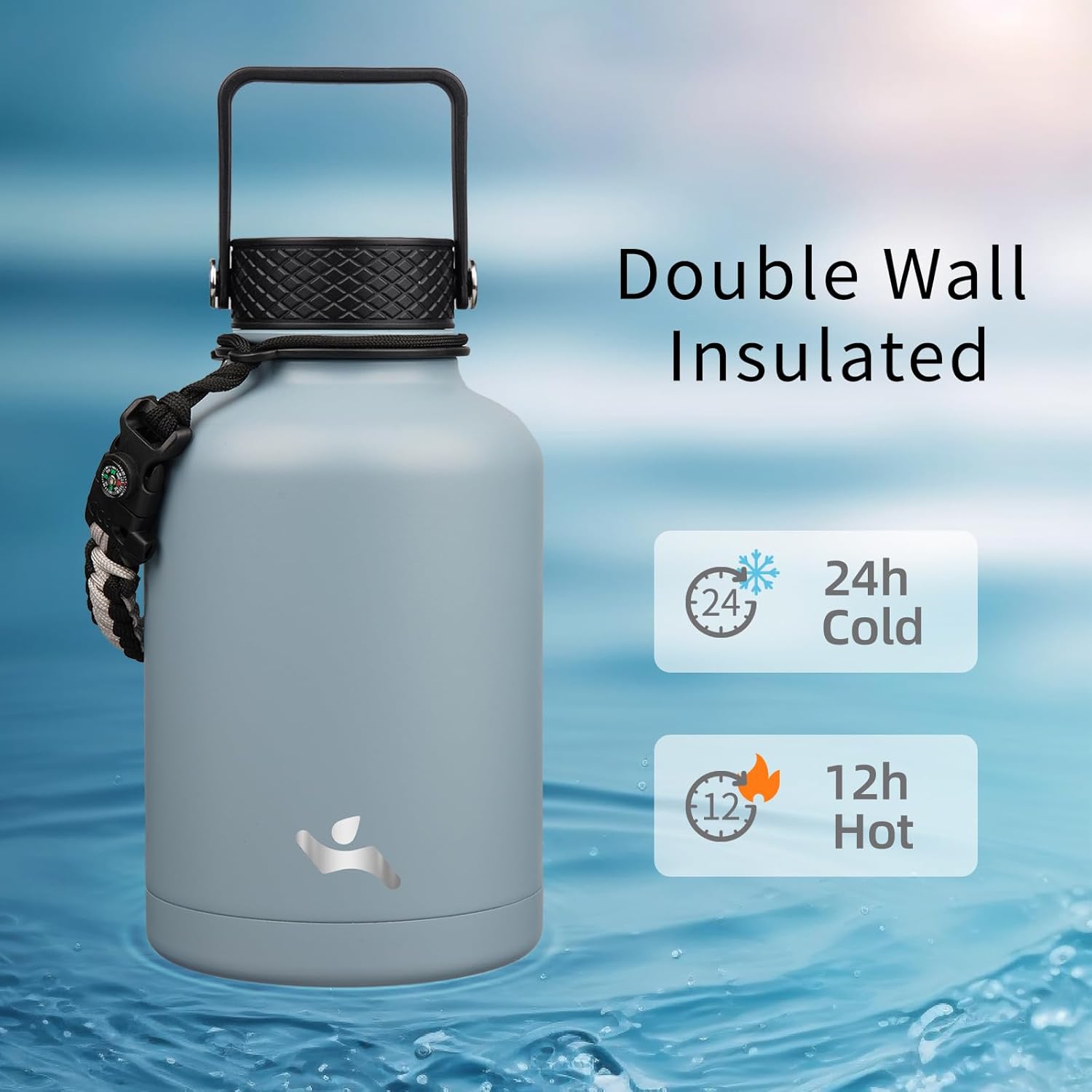 Insulated Water Bottle with Straw,50 oz 3 Lids Water Jug with Carrying Bag,Paracord Handle,Double Wall Vacuum Stainless Steel Metal Flask,Storm Blue - Image 2