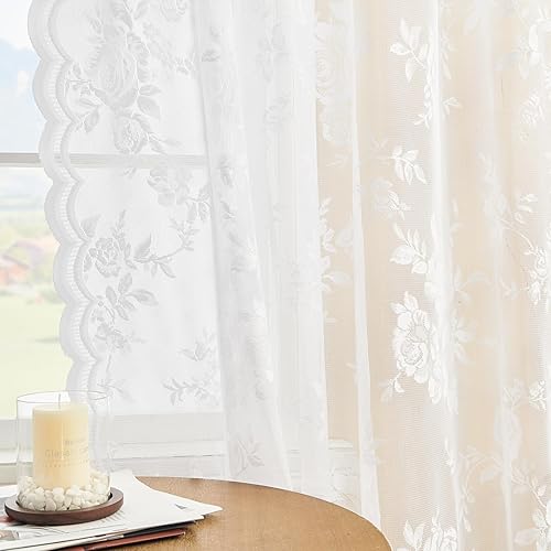 2 paneles de cortinas traslúcidas de encaje de 72 pulgadas de largo, cortinas florales blancas para sala de estar, dormitorio, bolsillo para