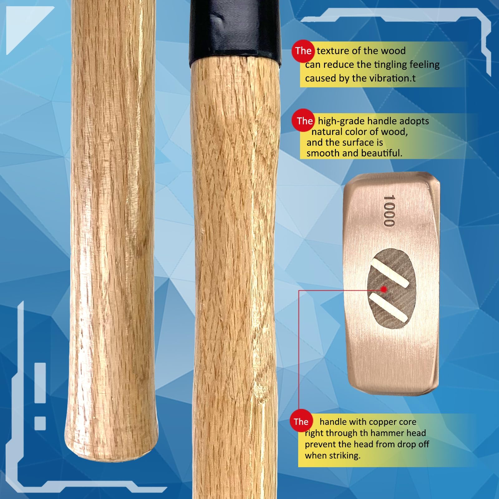 WEDO CO2204B Massette avec manche en bois Tête de marteau en cuivre 300 mm Poids de la tête 500 g