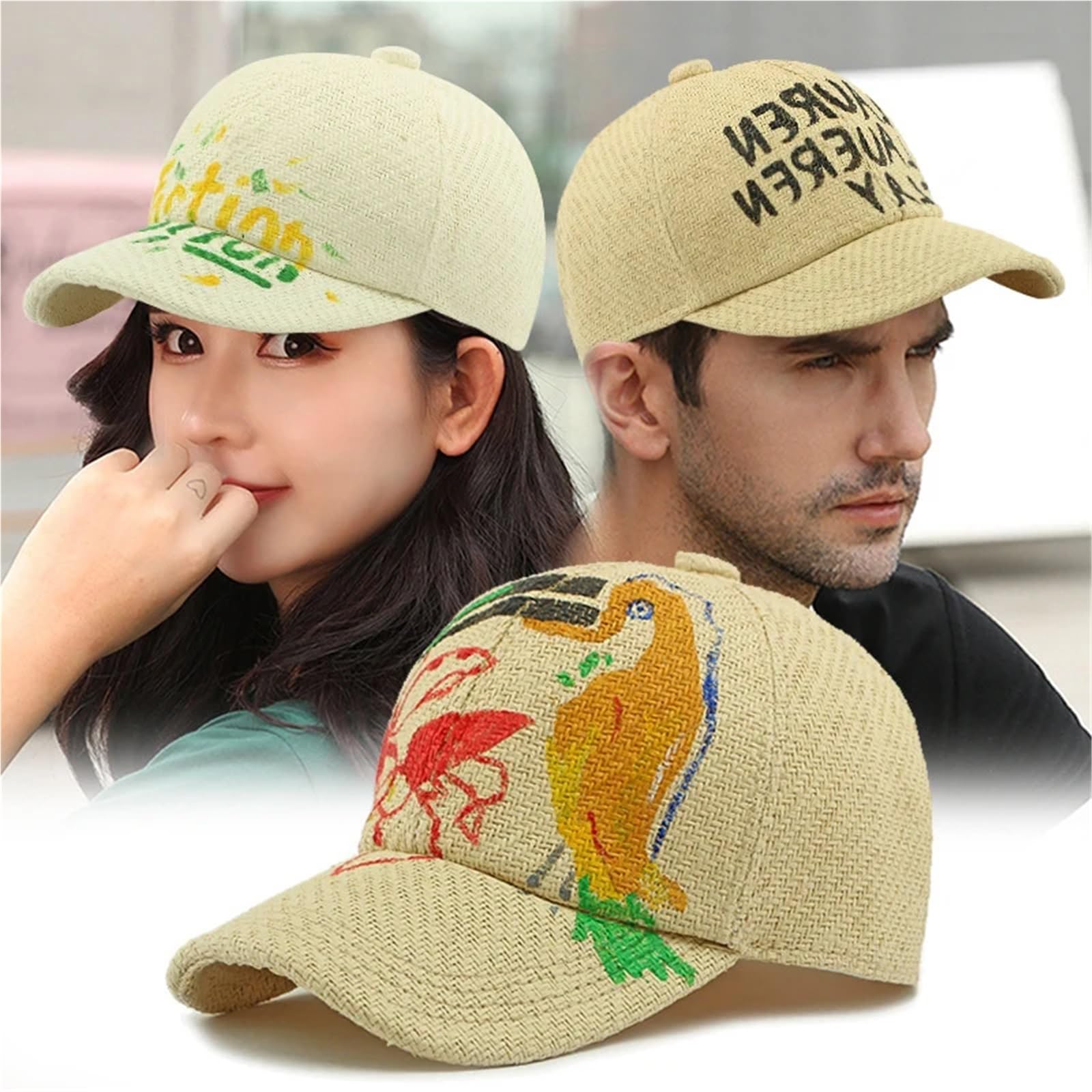Berretto da Baseball Graffiti Art Dipinto a Mano - Cappello di Paglia Unisex per Lo Stile da Spiaggia Primaverile ed Estivo