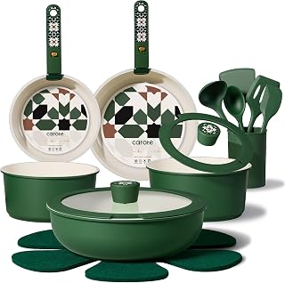 CAROTE 19-Piece Ceramic Nonstick Cookware Set with Detachable Handles - PFAS-Free, Induction Ready, Oven/Dishwasher Safe, Green