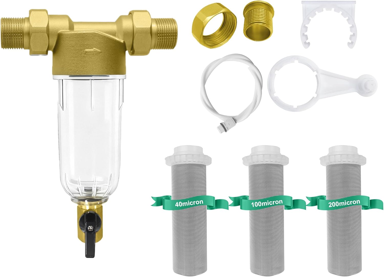 40/100/200 Micron Spin Down Sediment Filter, Pre-Filtration System for City/Well Water, Reusable Brass Whole House Sediment Water Filter, 1'' MNPT + 3/4'' FNPT + 3/4'' MNPT