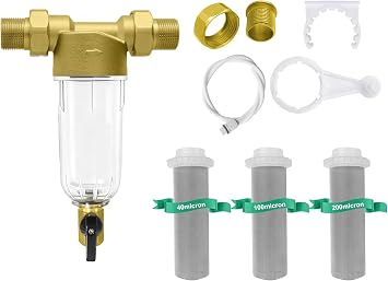 40/100/200 Micron Spin Down Sediment Filter, Pre-Filtration System for City/Well Water, Reusable Brass Whole House Sediment Water Filter, 1 MNPT + 3/4 FNPT + 3/4 MNPT