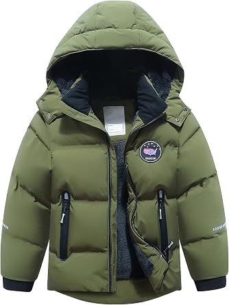 Kids Boys Winter Coat Fleece Lined Waterproof Jacket Puffy Cotton Coat Thick Hooded Down Outdoor Coats