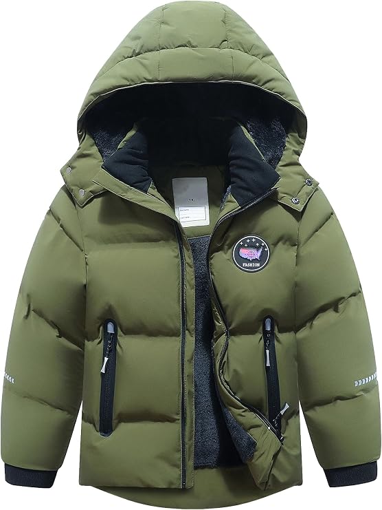 Kids Boy's Winter Coat | Fleece Lined Waterproof Jacket Puffy Cotton Coat Thick Hooded Down Outdoor Coats