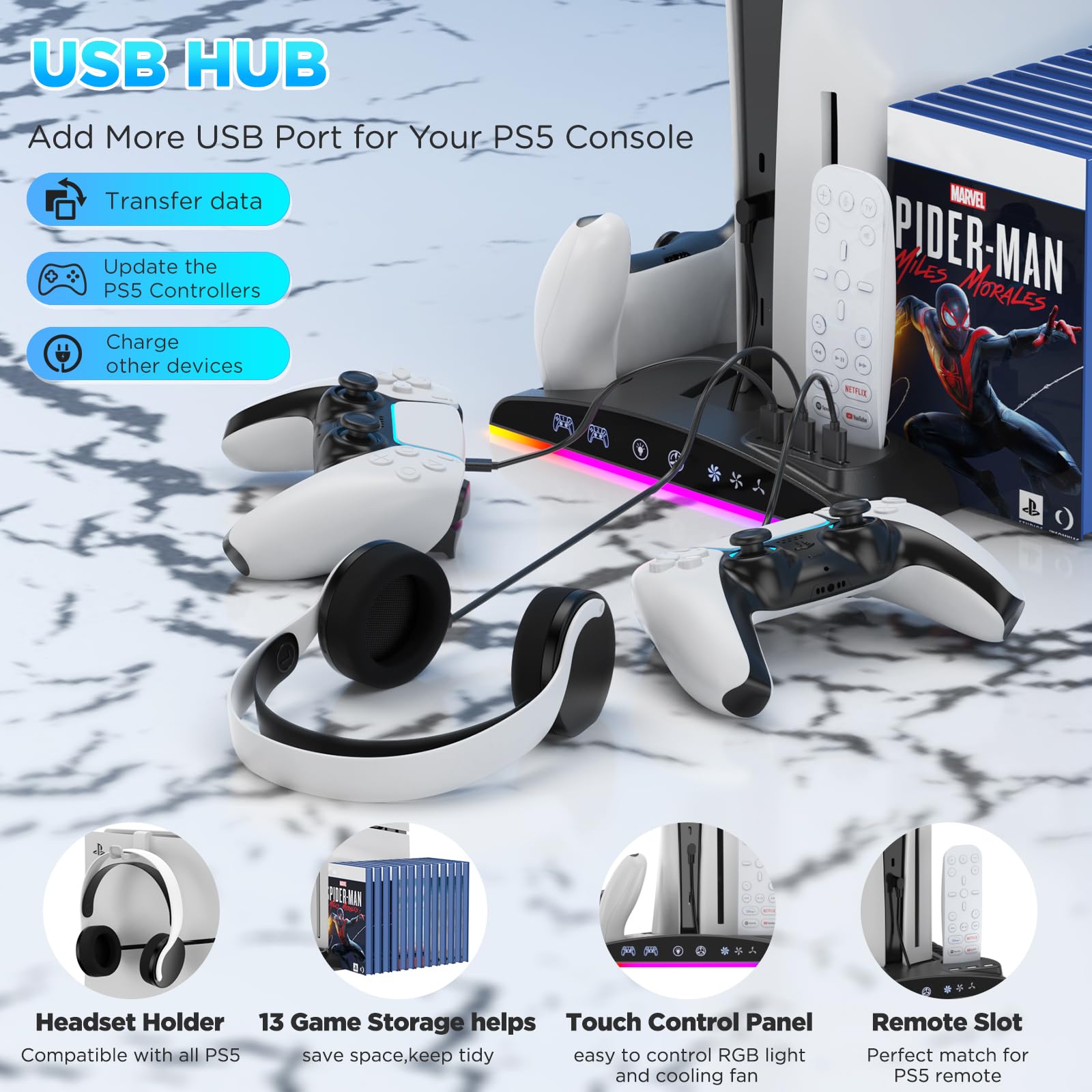 Support pour PS5/Slim - Ventilateur de Refroidissement à 3 Vitesses avec Chargeur Manette, Indicateur LED, 3 Ports USB et 13 Emplacements de Jeu