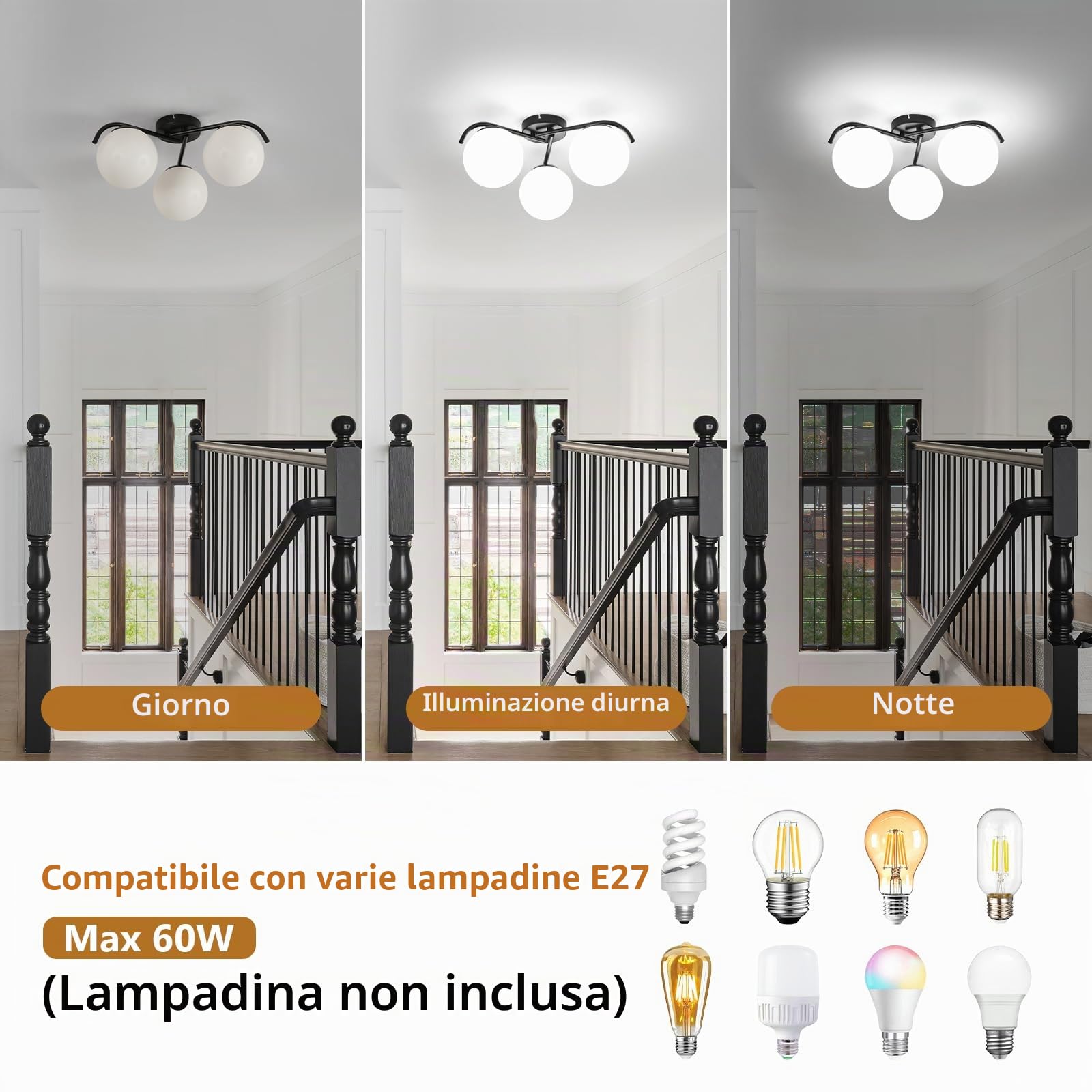 Lampada da Soffitto E27, Moderna Plafoniera da Soffitto a 3 Luci in Metallo/Vetro, Nero Lampadario Circolare in Vetro per soggiorno, corridoio, camera, cucina (senza lampadine)