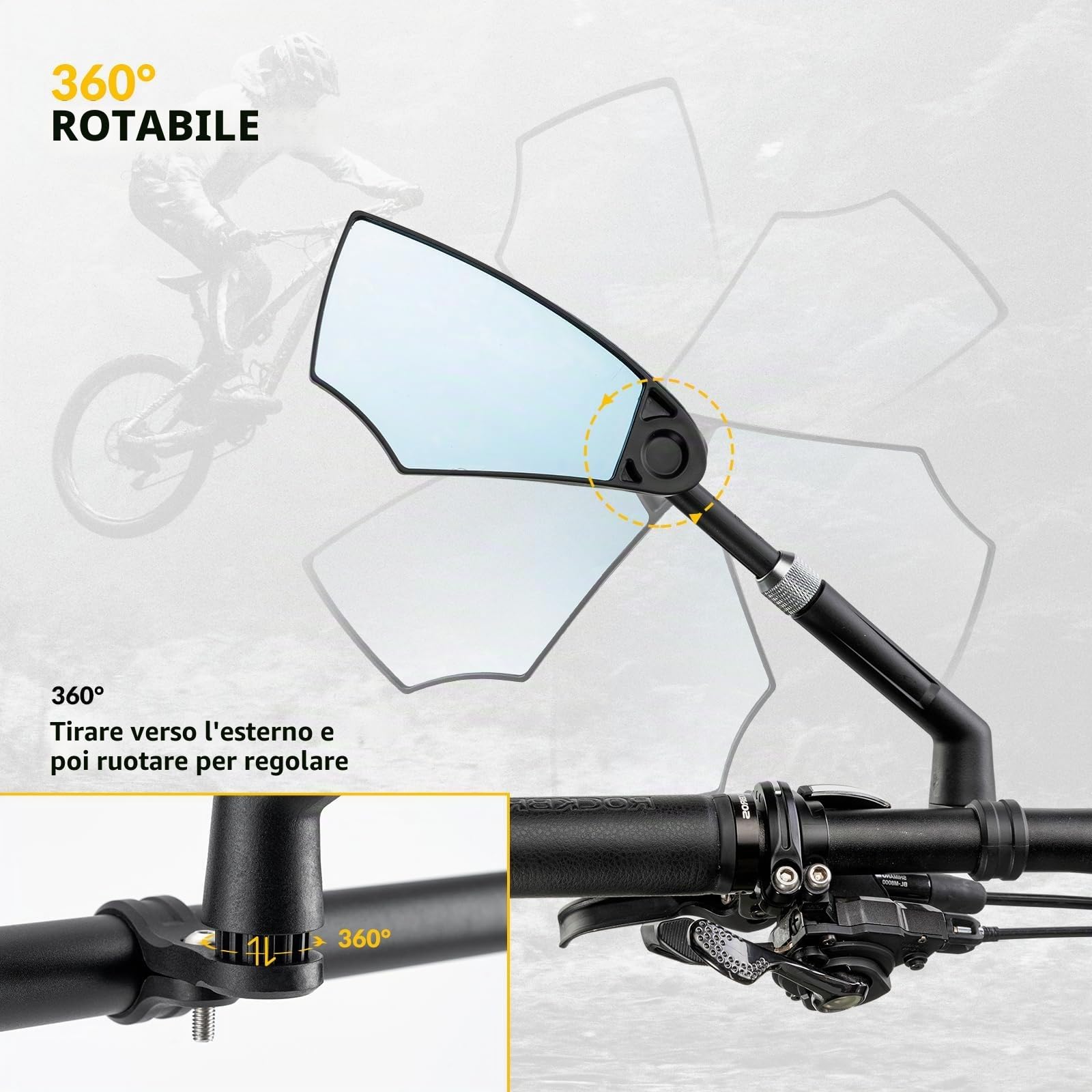ROCKBROS Specchietto Retrovisore Bici, 1 Pezzo Specchio Ciclismo, Specchietti 360 °Regolabile, Specchietto Antiriflesso, Manubrio per 20-23 mm