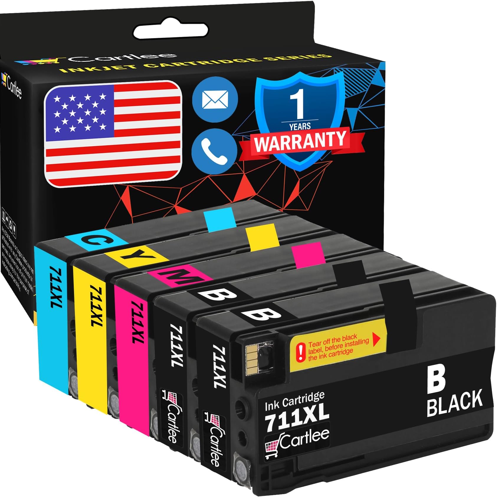 Cartlee Set of 5 Compatible 711XL 711 High Yield Ink Cartridges for HP Designjet T120 T520 Printers (2 Black, 1 Cyan, 1 Magenta, 1 Yellow)
