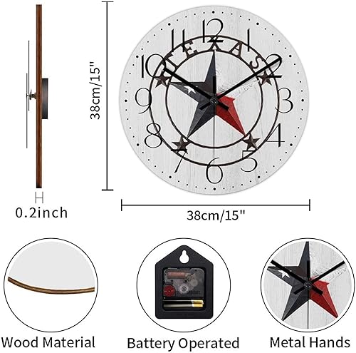 Miniatura 2 de Reloj de pared redondo estilo clásico con estrella de Texas occidental, reloj de madera, silencioso, sin tictac, funciona con pilas, fácil de leer,