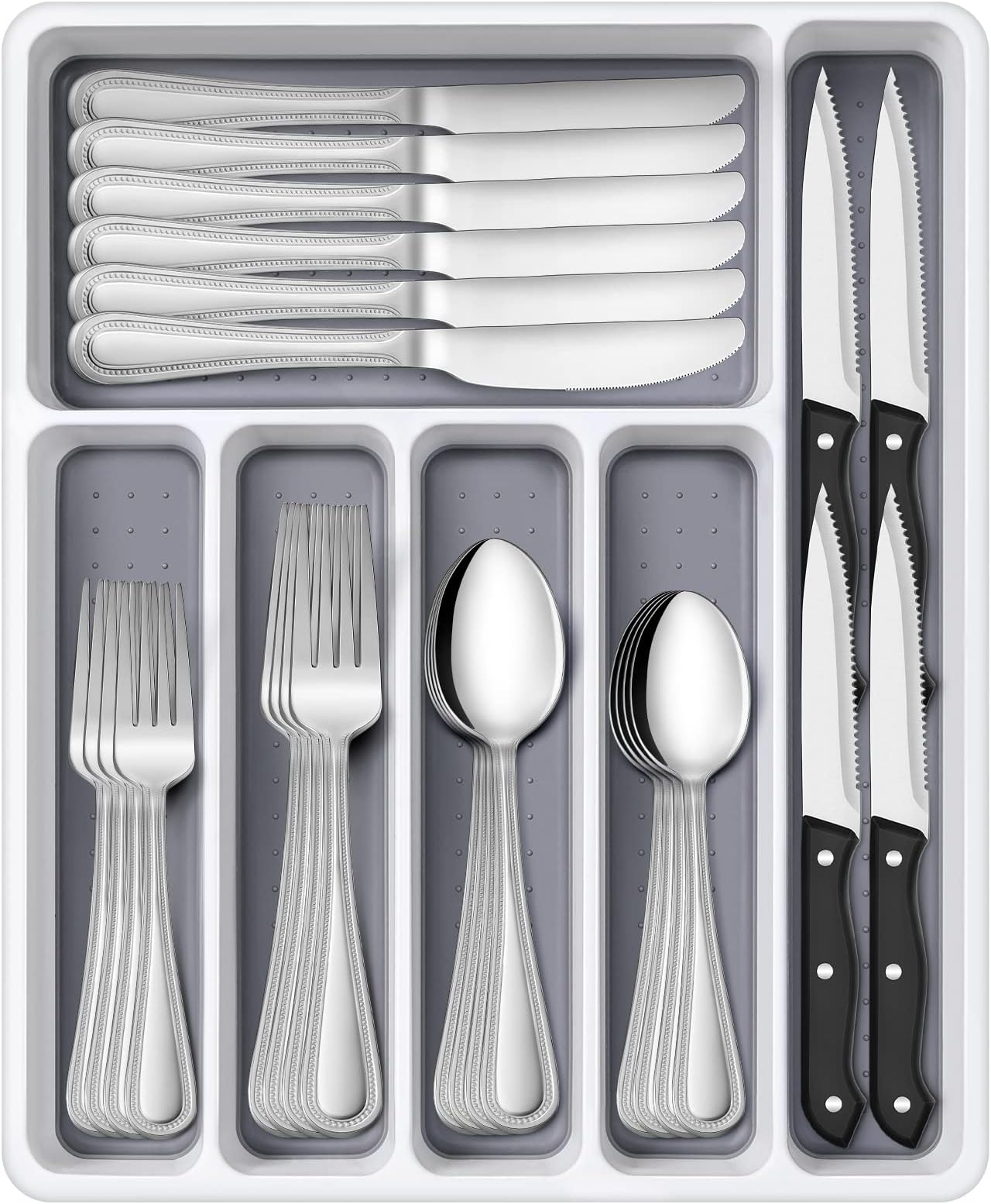 Hiware 48-Piece Silverware Set with Organizer, Stainless Steel Flatware for 8, Cutlery Utensil Sets with Steak Knives, Rust-proof, Mirror Polished, Dishwasher Safe
