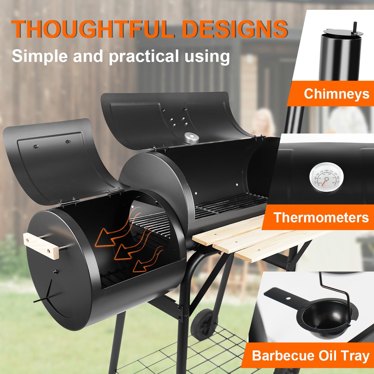 paxlloonge - Griglia a carbone con affumicatore offset e termometro, barbecue a barile e combinazione di affumicatori, spaziosa griglia per barbecue per feste in campeggio all'aperto sul retro