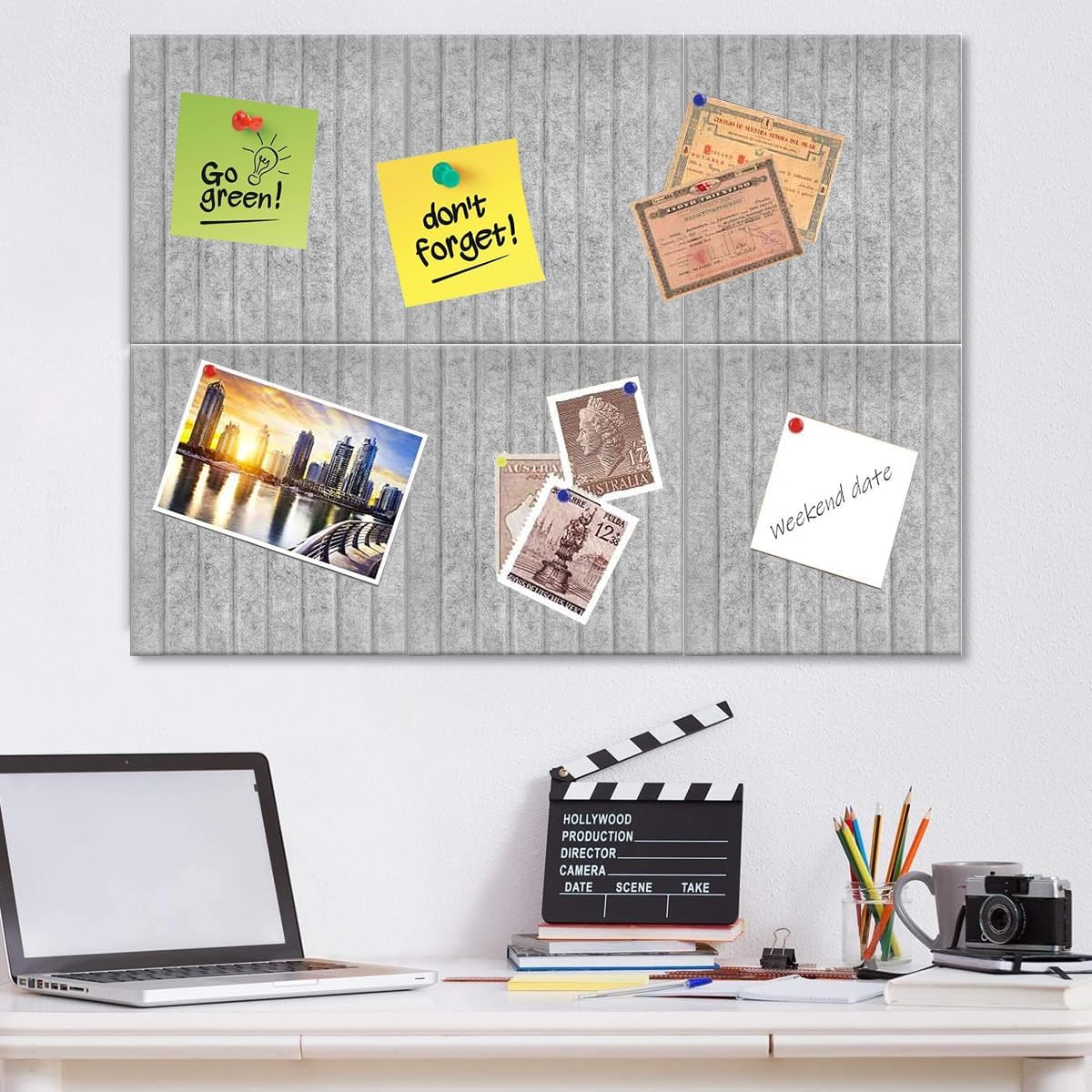 Climberty® 6Pcs Felt Bulletin Board Vision Board, 30x30cm Self-Adhesive Wall Boards with 50pcs Drawing Pins, Felt Message Board for Paste Notes, Photos, Schedules (Grey)