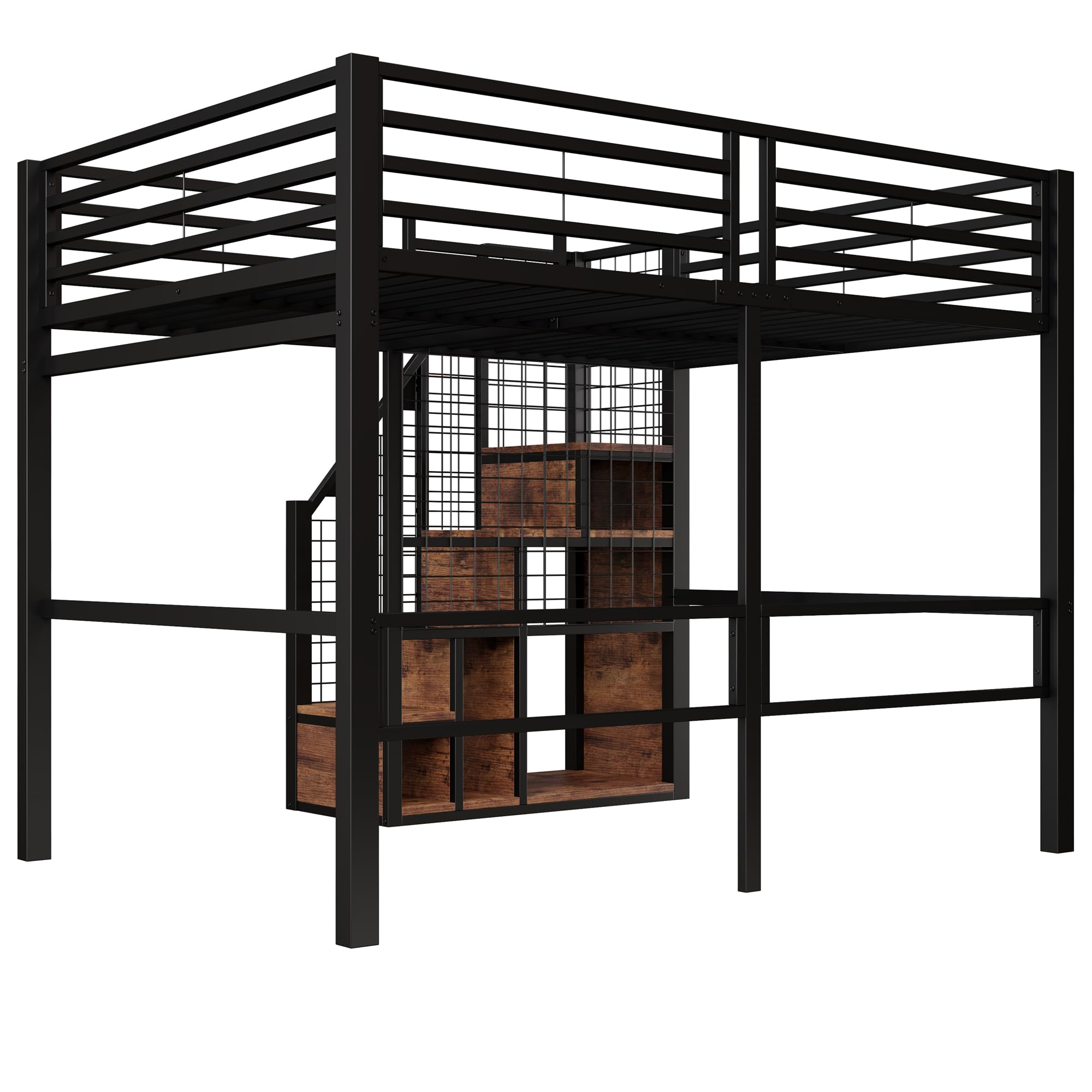 Dolamaní Letto a soppalco 140 x 200 cm con scala per bambini e adulti, rete da letto in metallo con sicurezza anti-caduta, grande spazio sotto il letto, nero