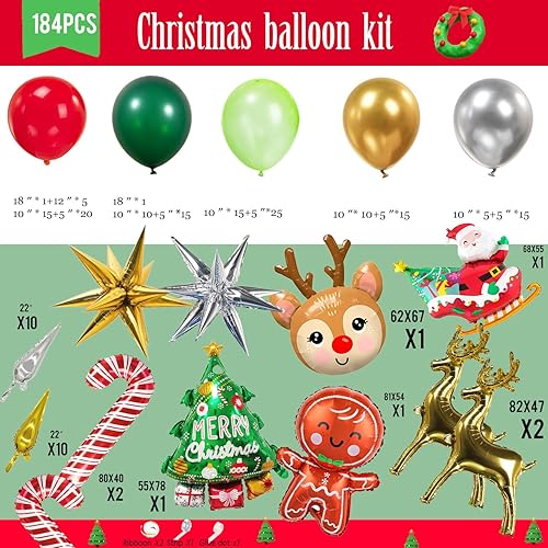 Miniatura 6 de Kit de arco de guirnalda de globos de Navidad, 150 globos rojos, verdes, dorados, plateados con bastón de caramelo, reno, piruleta, árbol de